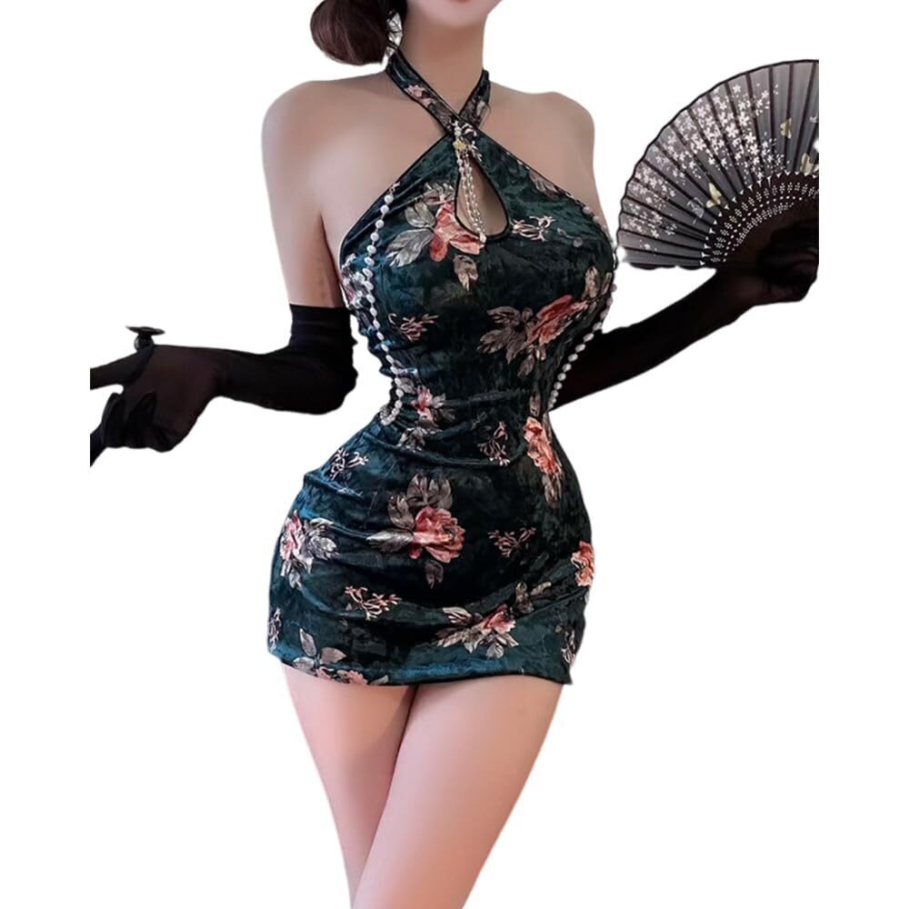 3123 sexy cosplay deep v backless underwear Chinese style slit cheongsam